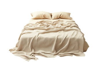 Unmade bed with beige linens, softly rumpled, showcasing a simple, minimalist aesthetic