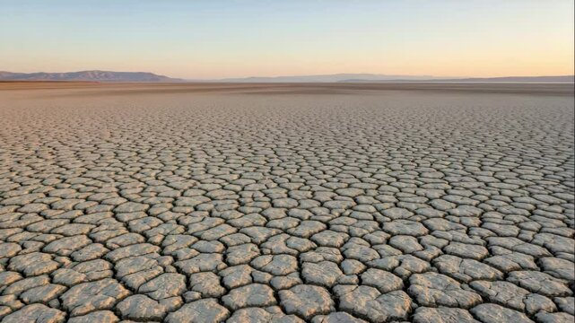 Expansive view of parched, fractured ground under soft evening sky, symbolizing climate change, water scarcity, and environmental stress