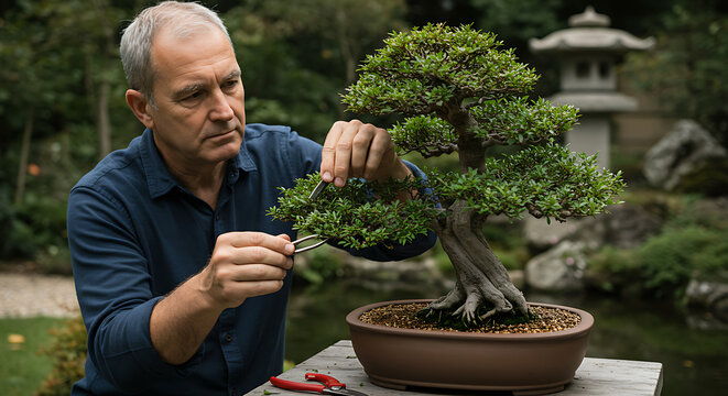 Focused man meticulously pruning a lush green bonsai tree with tweezers