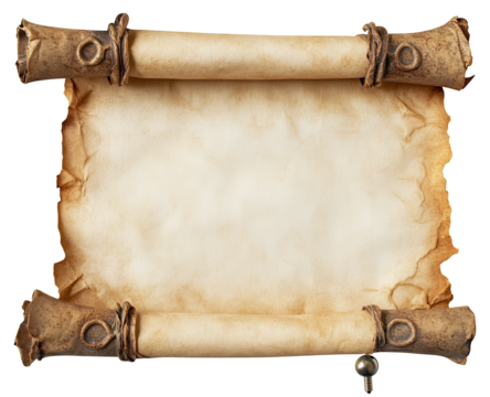 Aged parchment scroll, blank, tied with dark brown twine and decorative end caps, isolated on black