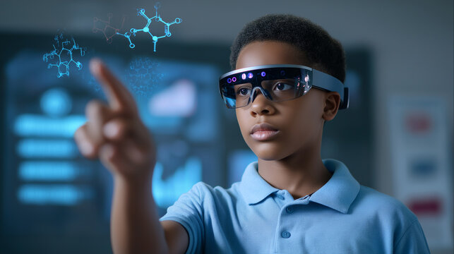 Young boy using augmented reality glasses in a futuristic classroom, interacting with virtual scientific elements.
