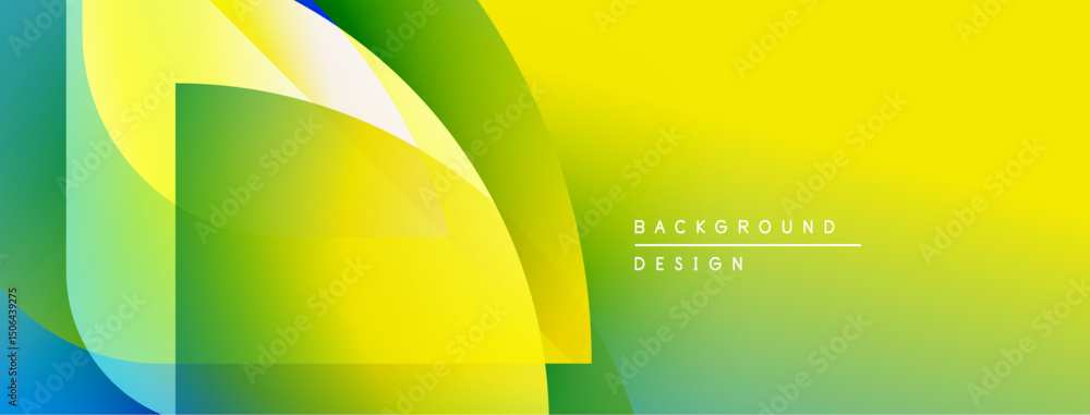 Poster abstract vibrant design features layered shapes, gradients. yellows, greens, blues create modern vis