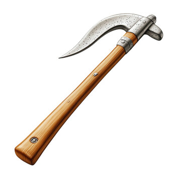 A medieval billhook an agricultural and weapon tool with a wooden handle on transparent background