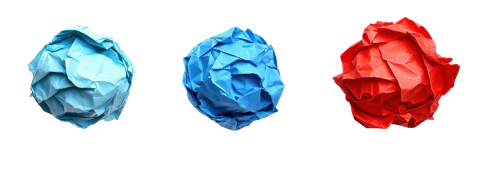 Three crumpled paper balls, light blue, blue, and red, isolated on black background - Powered by Adobe