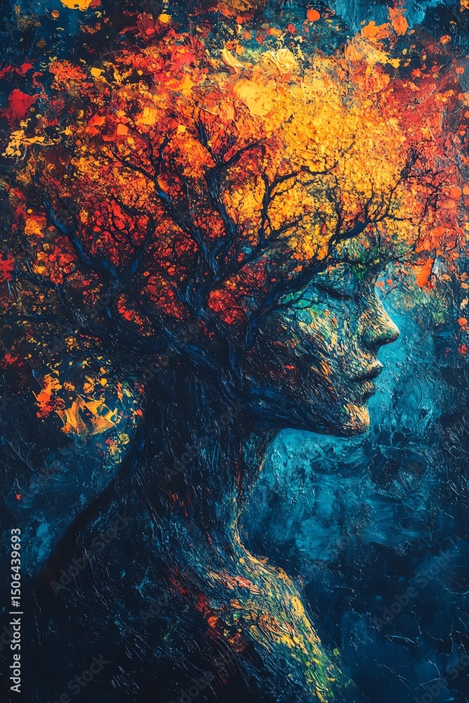 Poster oilpainted treebrain fusion, symbolizing deep thinking and growth, generative ai influence, rich con