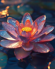 Mystical lotus flower figurine in vibrant hues, rendered as an oil painting, glowing background with soft grain and luminous exposure, generative AI detail
