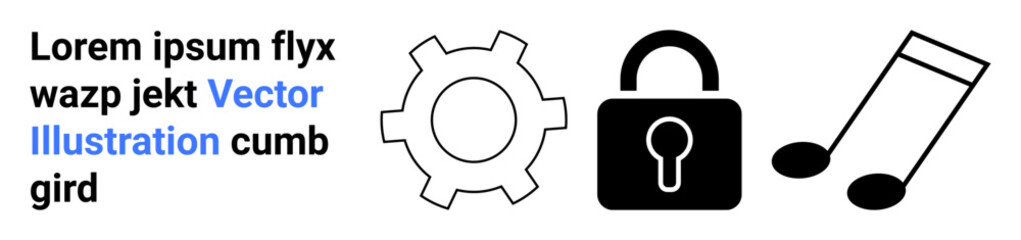 Gear, secure lock, and musical notes evoke themes of innovation, data protection, and creative expression. Ideal for technology, cybersecurity, music, mechanics education teamwork simple landing