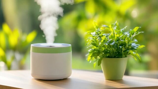 Aromatherapy scene: a tranquil display showcasing a serene ambiance of relaxation, with the gentle mist of an aromatherapy diffuser filling the air alongside a lush potted plant.