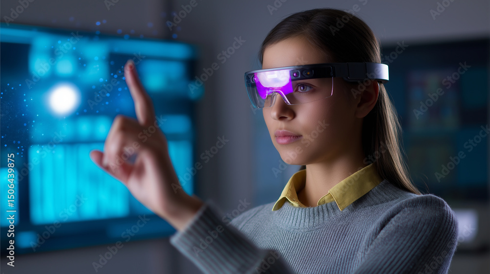 Poster woman using augmented reality glasses interacting with virtual interface in futuristic tech environm