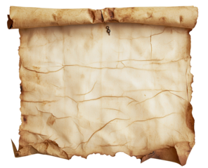 Aged, parchment scroll with visible cracks, creases, and burn marks; rolled at top and bottom; blank