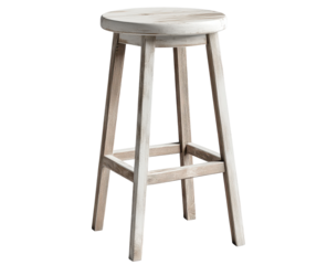 A simple, rustic wooden stool with a round seat and slightly distressed white finish, featuring a four-legged base and a small footrest