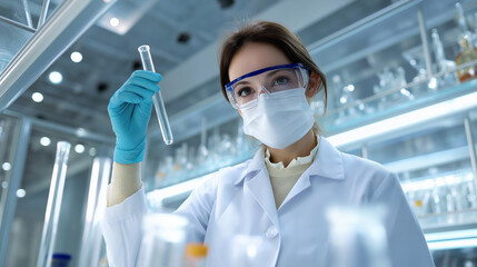 Close-up of female scientist wearing protective gear analyzing test tube in laboratory.  
