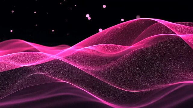 An abstract rendering showing layered, undulating pink patterns, against a dark, gradient background with floating pink orbs/particles