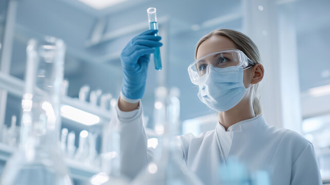 Close-up of female scientist wearing protective gear analyzing test tube in laboratory.