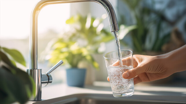 Hand filling glass with clear water from modern kitchen faucet in bright home interior.
