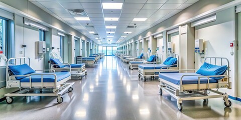 Obraz premium Empty Hospital Corridor with Patient Beds - Clean and Modern Medical Facility