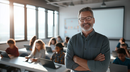Smiling teacher standing confidently in modern classroom with students working on laptops in background.
