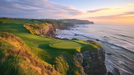 A breathtaking golf course atop rugged cliffs overlooking the ocean a golfer s paradise at sunrise with vibrant greens