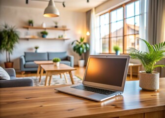 Modern Home Office Laptop on Wooden Desk with Cozy Living Room Background