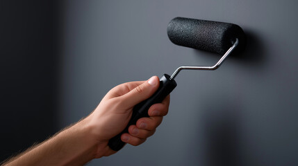 Hand painting dark matte wall with black paint roller during modern interior renovation.
