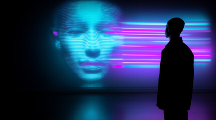 Silhouette of person facing neon digital face with glitch effects in dark futuristic environment.
