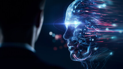 Businessman standing in front of large glowing digital human face projection representing artificial intelligence.
