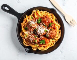 Classic Italian Spaghetti with Meatballs, Rich Tomato Sauce, Fresh Parsley, and Parmesan Cheese Served in Cast Iron Pan on Sleek White Concrete Background &ndash; Gourmet Comfort Food Concept