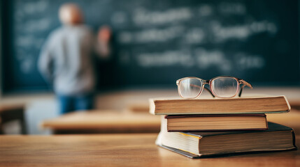 Stack of books with eyeglasses on wooden desk in classroom with teacher writing on chalkboard in background.
