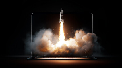 Rocket launching out of laptop with smoke and fire, symbolizing innovation and tech startup growth.

