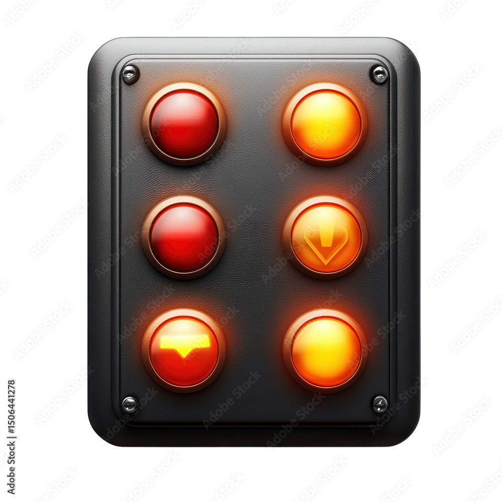 Poster glowing industrial control panel with six push buttons showing red yellow on transparent background