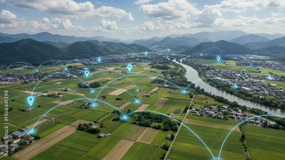 Poster aerial view of a rural landscape connected by a network of lines representing communication
