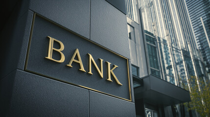 Obraz premium Modern bank building exterior with golden sign and glass skyscrapers in background. 