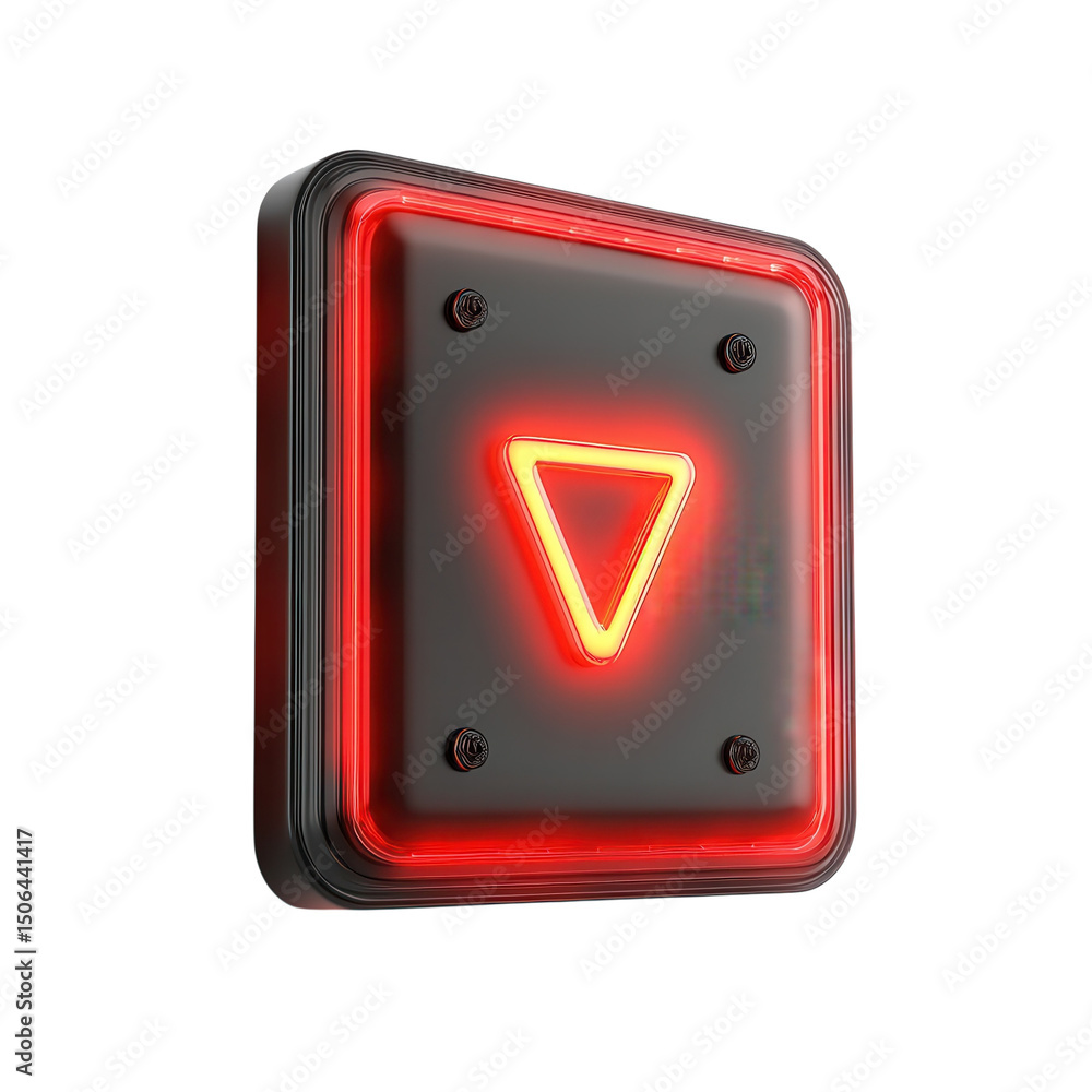 Poster a glowing red downward pointing triangle signifies the direction down with on transparent background