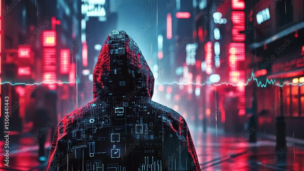 Poster cybersecurity: hacker with binary swirl