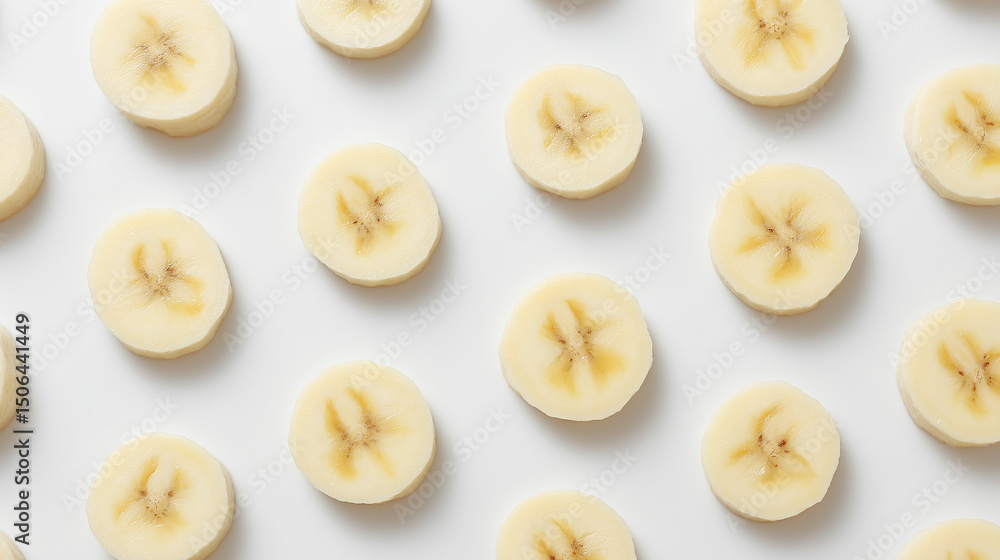 Poster sliced banana pieces arranged in a seamless pattern on white background.