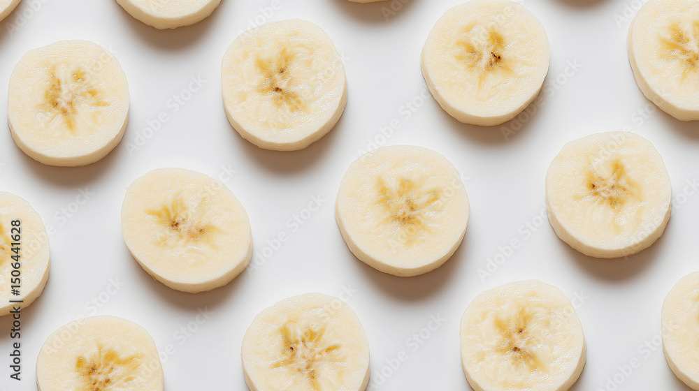 Poster sliced banana pieces arranged in a seamless pattern on white background.