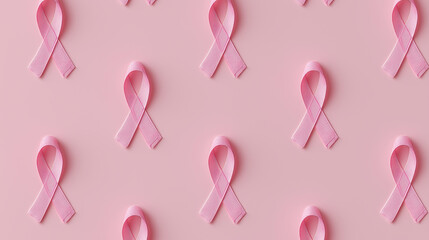 Multiple pink awareness ribbons arranged in pattern on pastel background symbolizing breast cancer support. 