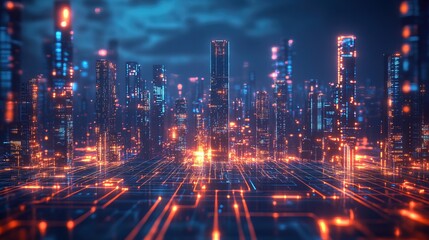 Fototapeta premium A futuristic glowing power grid illuminating a high-tech cityscape, business energy concept 