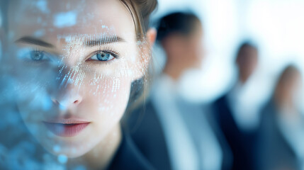 Confident businesswoman with digital data overlay standing in front of blurred team in modern office setting.

