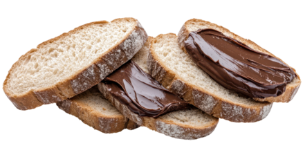 Four slices of crusty bread, layered, with generous helpings of rich, dark chocolate spread