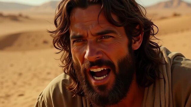 Rugged John the Baptist Dramatic Portrait Intense Eyes Wild Beard Desert Setting Symbolic Light Harsh Tones Blurred Background Mid Speech