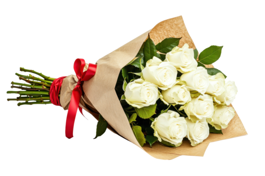 A dozen creamy white roses, stems bound with twine, nestled in kraft paper wrapping and tied with a red ribbon