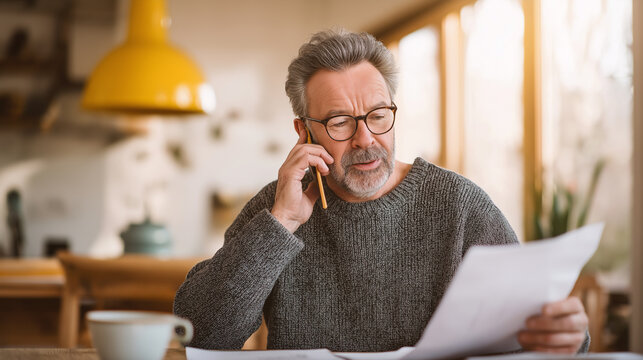 Senior man talking on smartphone while reading documents at home kitchen table in natural light.
