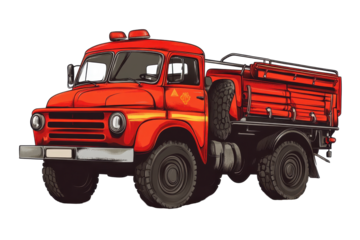 A vintage red firetruck, robustly built, detailed illustration showcasing its weathered yet functional design