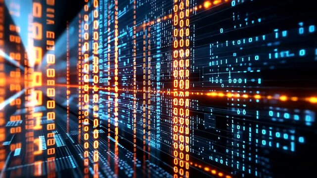 Abstract digital rendering, rows of blue and orange binary code flowing into distance on a dark background, creating tech-like atmosphere