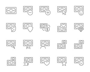 Set of money line icon. Flying cash, banknotes, stack of money, dollar bills. Vector illustration.