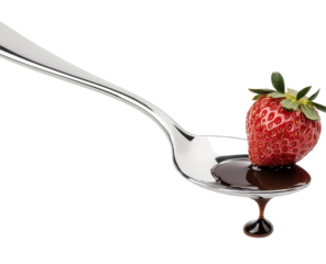 A ripe strawberry sits atop a spoonful of rich, dark chocolate sauce, a single drop falling from the spoon's bowl