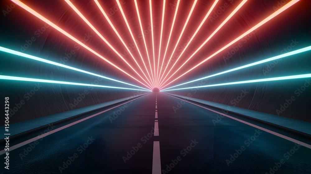 Poster the image shows a road leading through a tunnel with vibrant neon lights in pink and blue, creating 