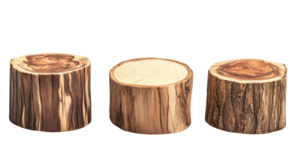 Three cylindrical wood slices, varying in grain patterns and color tones, isolated on a black background
