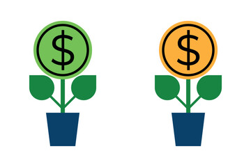 Flat dollar coin flower with leaves and pots, Green and yellow color illustration. Simple illustration vector design.
